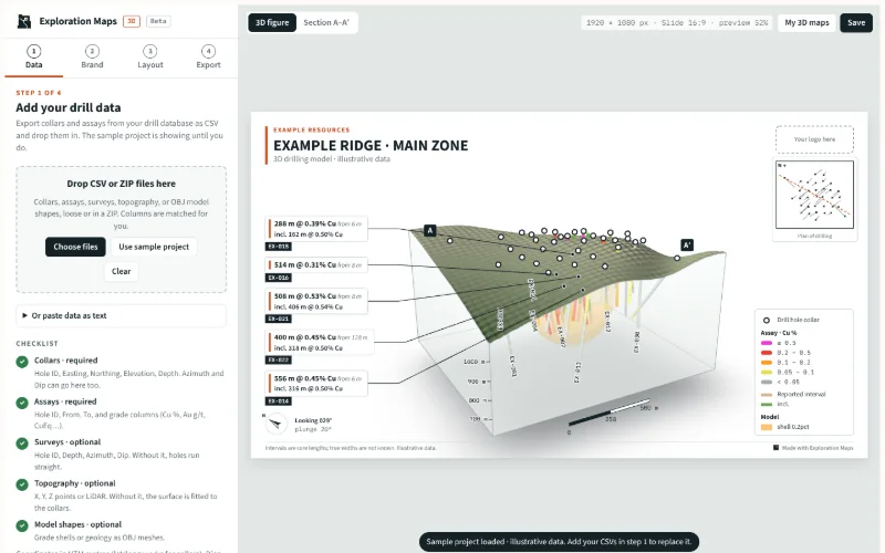 Exploration Maps 3D editor on the Data step, with the drop zone, file checklist and the sample figure in the preview