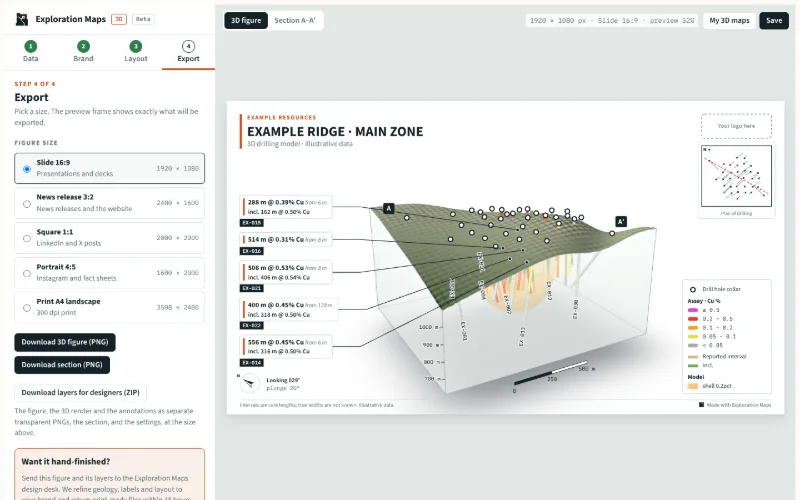 Export step of Exploration Maps 3D listing the five figure sizes and the download buttons