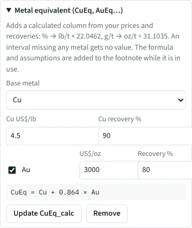 Metal equivalent panel in Exploration Maps 3D with copper as the base metal, gold ticked, prices, recoveries and the resulting CuEq formula