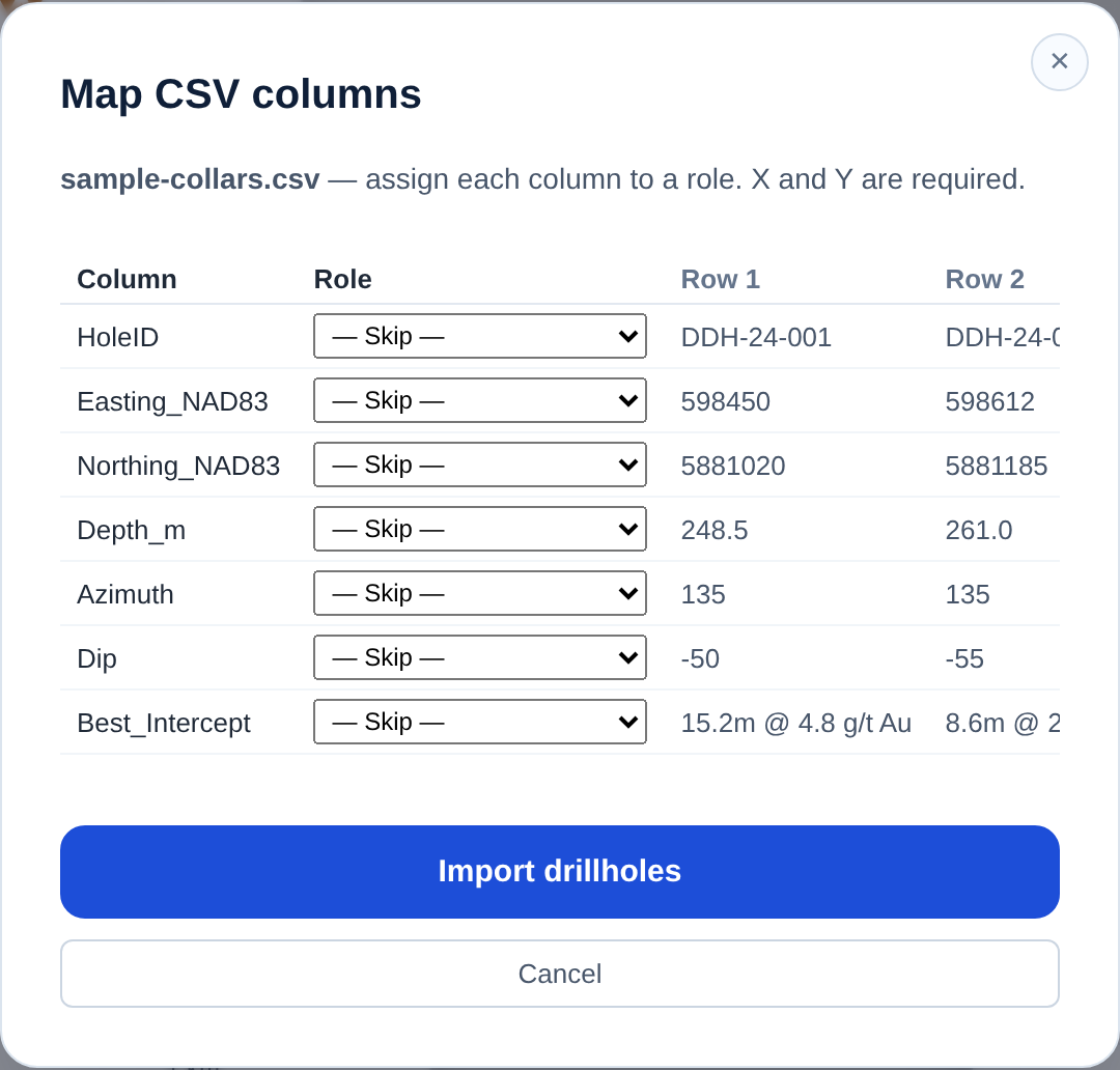 Column Mapper showing latitude and longitude columns being assigned from a collar CSV