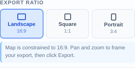 Export panel with Landscape 16:9 ratio selected over a framed BC claims map