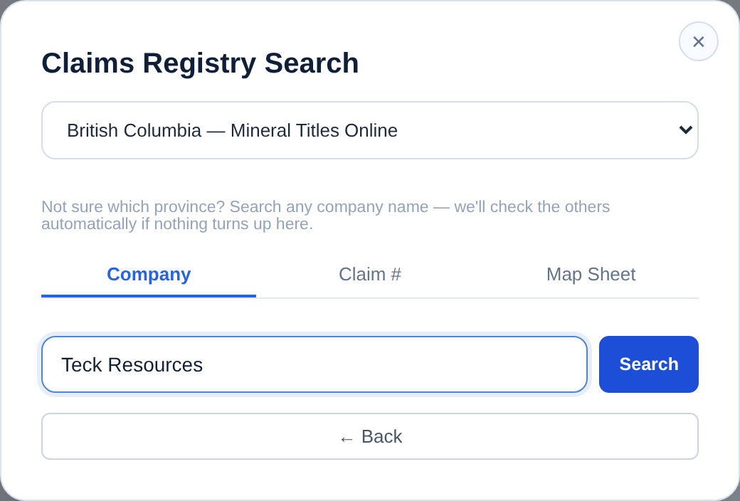 Claim search panel with British Columbia selected and a company name typed in