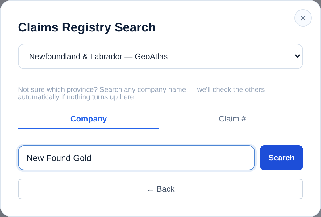 Add Claims panel with Newfoundland & Labrador — GeoAtlas selected