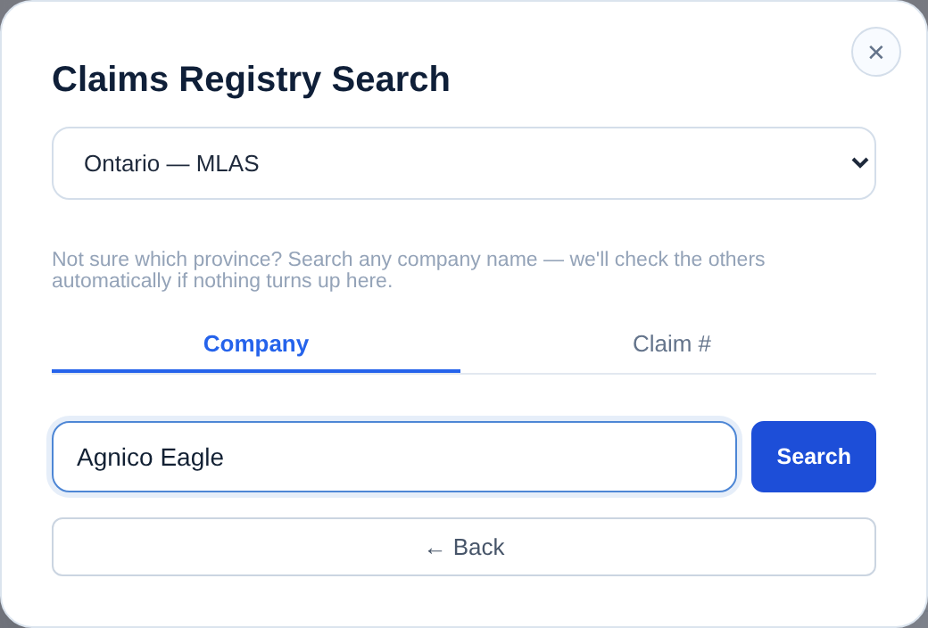 Add Claims panel with Ontario — MLAS selected in the province dropdown