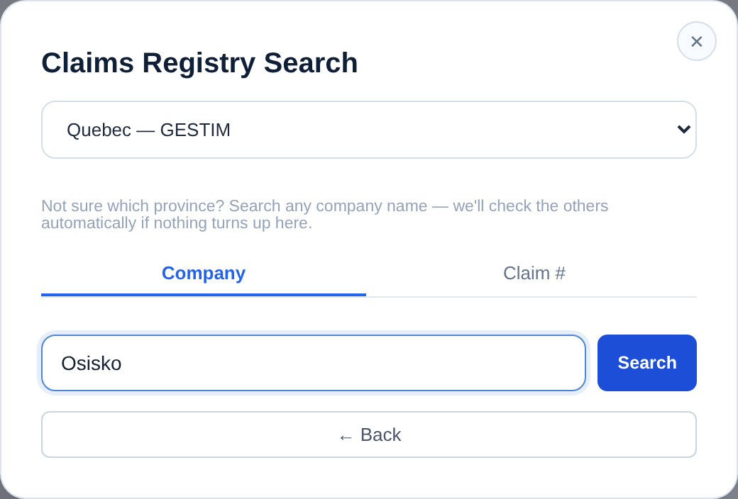 Add Claims panel with Quebec — GESTIM selected