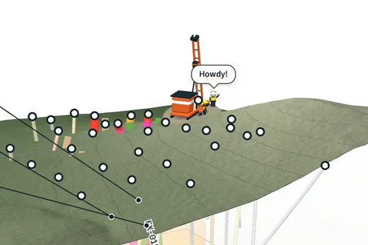Close-up of the drill crew on a 3D figure, one saying “Howdy!” in a speech bubble