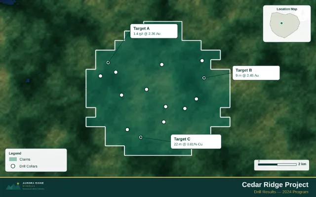 Fourteen Cedar Ridge demonstration drill collars inside a claim boundary with three result callouts